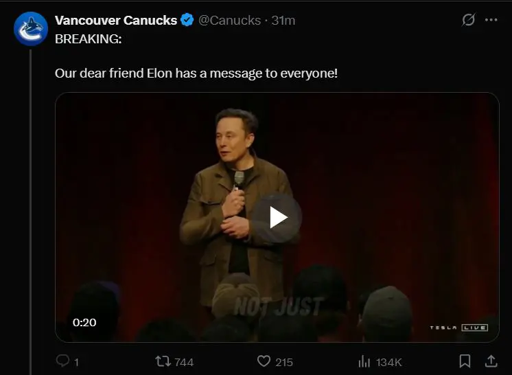Canucks say ‘X’ account ‘compromised’ after Elon Musk, crypto posts appear
